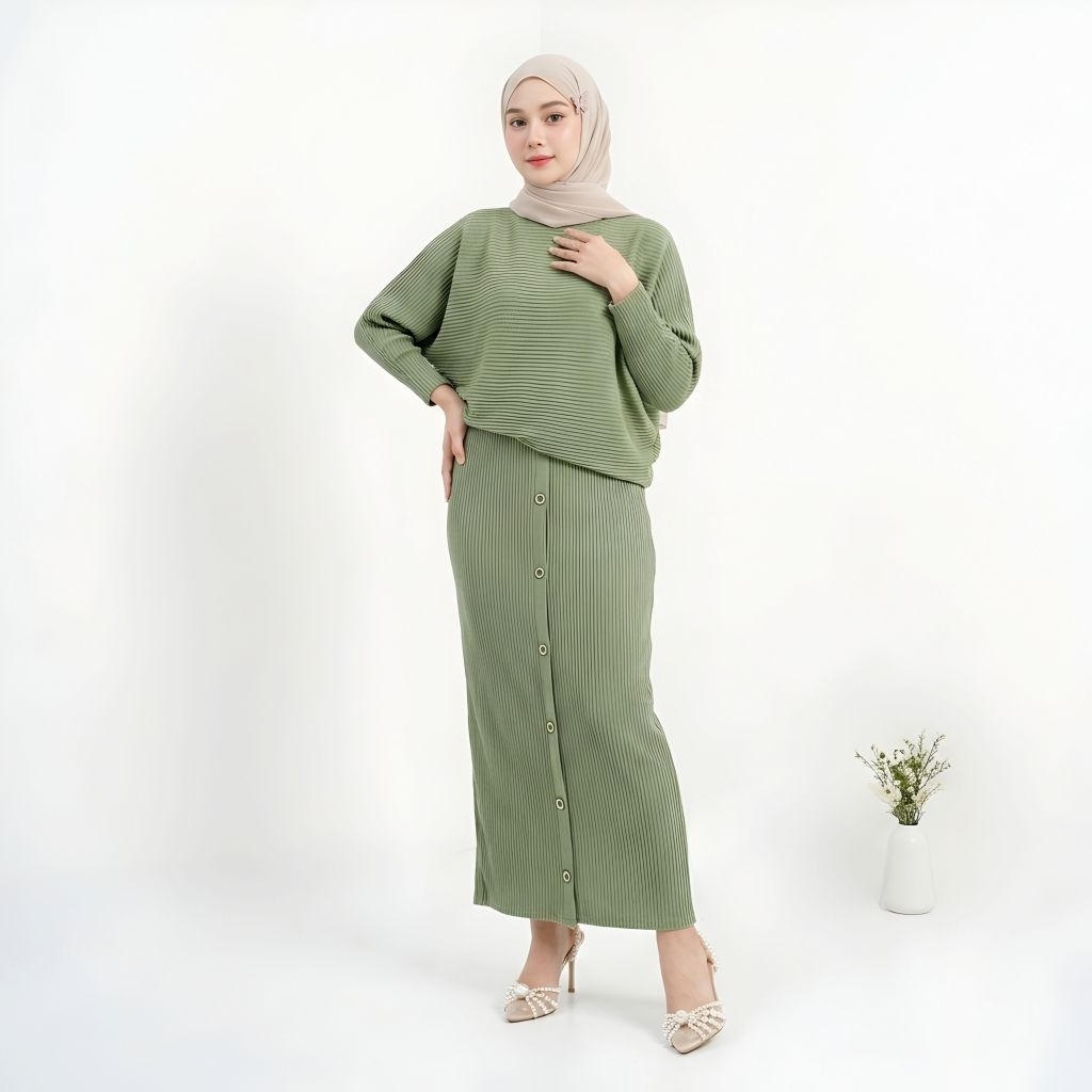 Set Rok Button Knit Rib Baju Muslim Wanita Setelan Rajut Rok Panjang Outfit Hijab Casual Elegant Mod