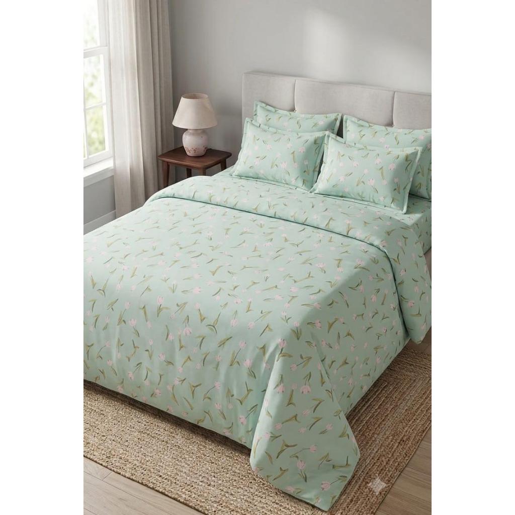 Sprei Katun Motif Bunga Tulip Hijau Tosca