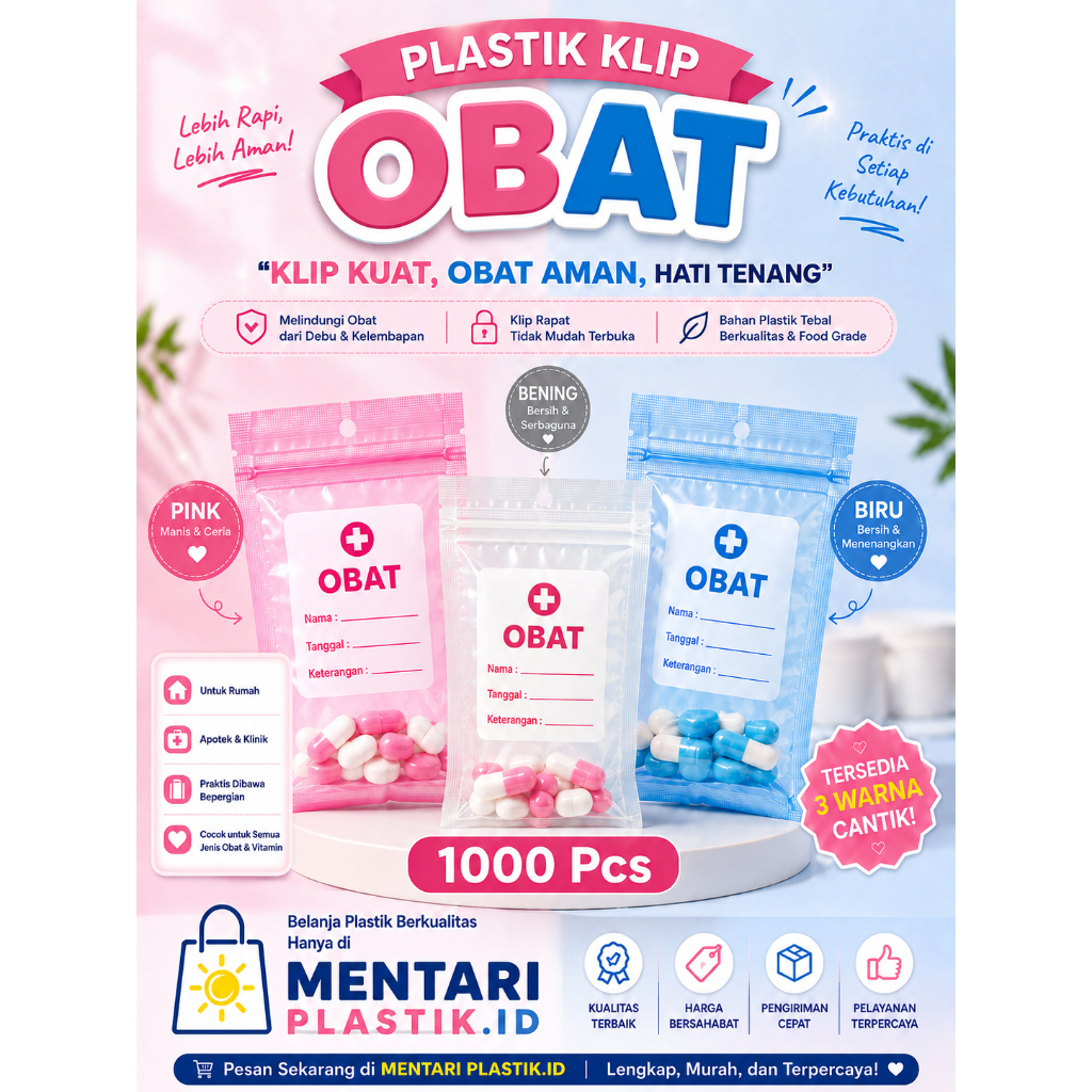 Plastik Klip Obat Apotek Pink-Biru-Bening 1000 Pcs - Kantong Obat Ziplock Mini Tebal Kuat Kemasan Pi