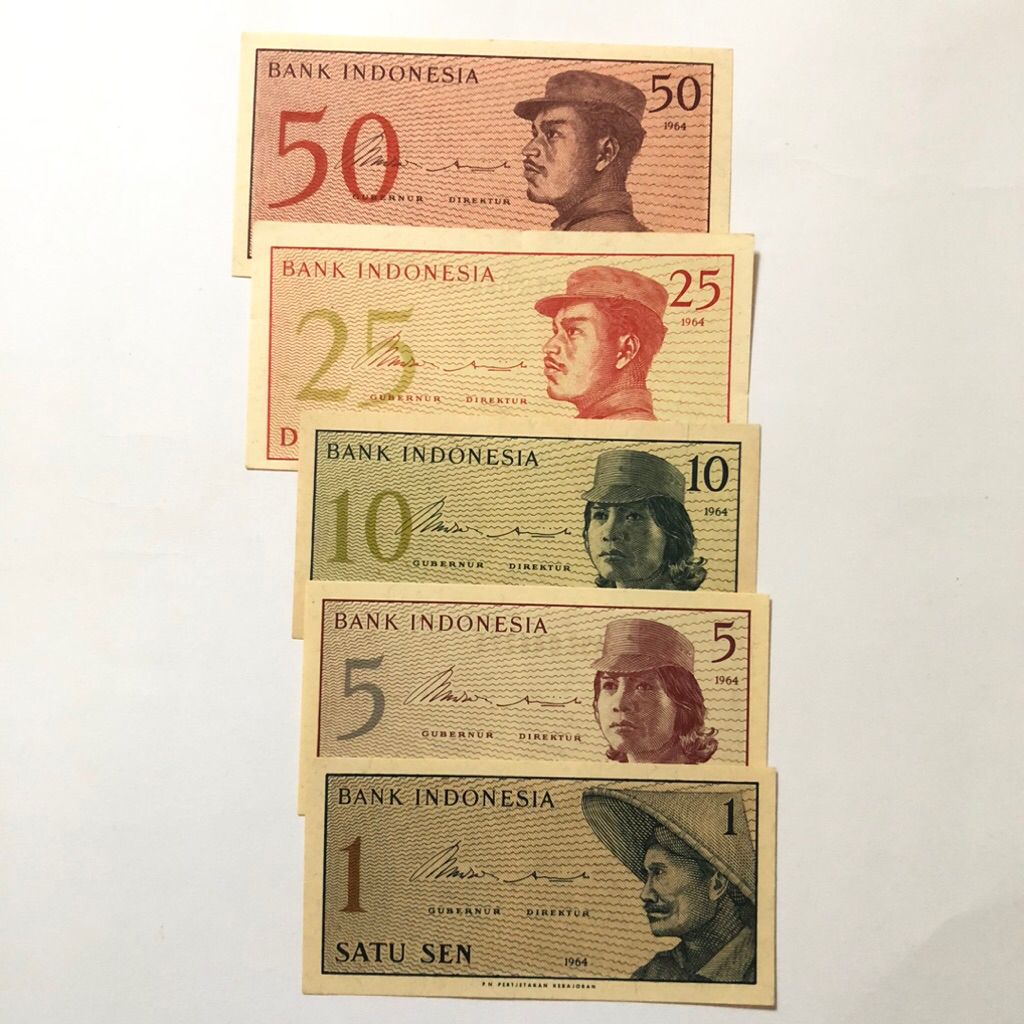 Uang kertas Kuno 1 - 50 Sen Tahun 1964 Seri Dwikora Lengkap Original Kondisi Bagus Gress UNC Koleksi