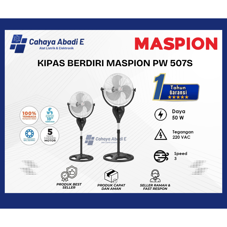 Kipas Maspion Powerfan stand fan kipas angin Maspion pw 507 s instan HITAM (Best Seller) ukuran 20" 