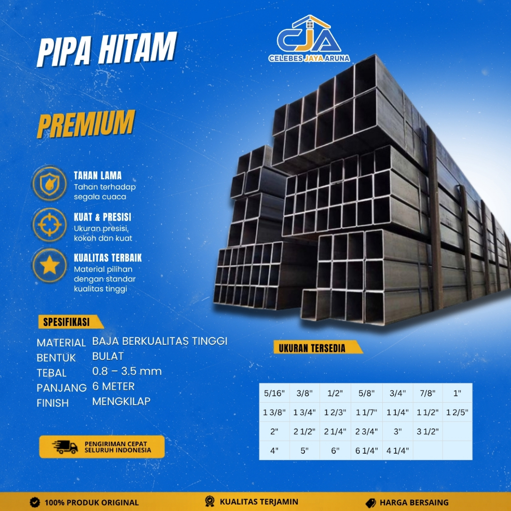 Pipa Hitam Hollow 13x13, 14x34, 20x40, 39x39 Tebal 1.4 mm - 2.2 mm Panjang 6 Meter Besi Pipa Hitam u