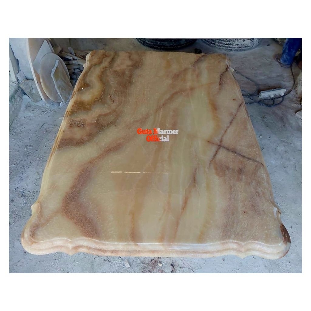 Top Table || Daun Meja Model Mawar Batu Onix Motif Kekuningan Glosy Mengkilat Ukuran 80x150Cm