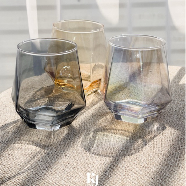LIMANO Gelas Hexagonal Segi Enam Estetik List Gold Abu Coklat - Gelas Whiskey Cocktail Unik