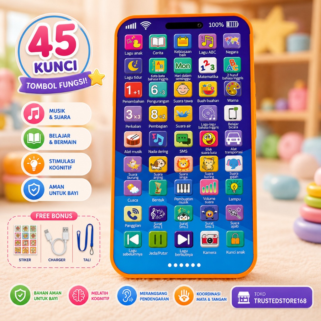 AOSOME Mainan Telepon Anak 45 Tombol Modus Piano Interaktif Lampu Menarik & Suara Hewan Baterai 300m