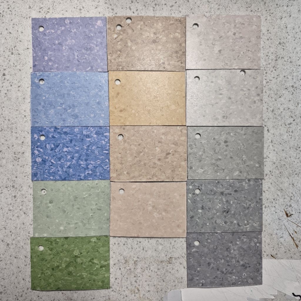 SAMPLE MATERIAL KATALOG Vinyl Roll Flooring Motif Terrazzo Biru Hijau Beige Cream Coklat Abu Putih