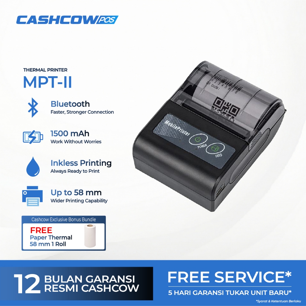 Cashcow MPT-II – Printer Thermal 58mm Portable Bluetooth USB Type-C Struk Kasir Mini Tanpa Tinta