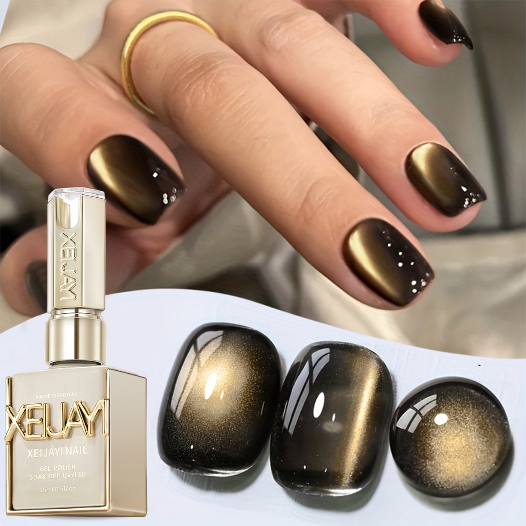 XEIJAYI 15ml - Cat kuku gel mata kucing hitam dan emas baru, kilau tahan lama, cocok untuk semua war