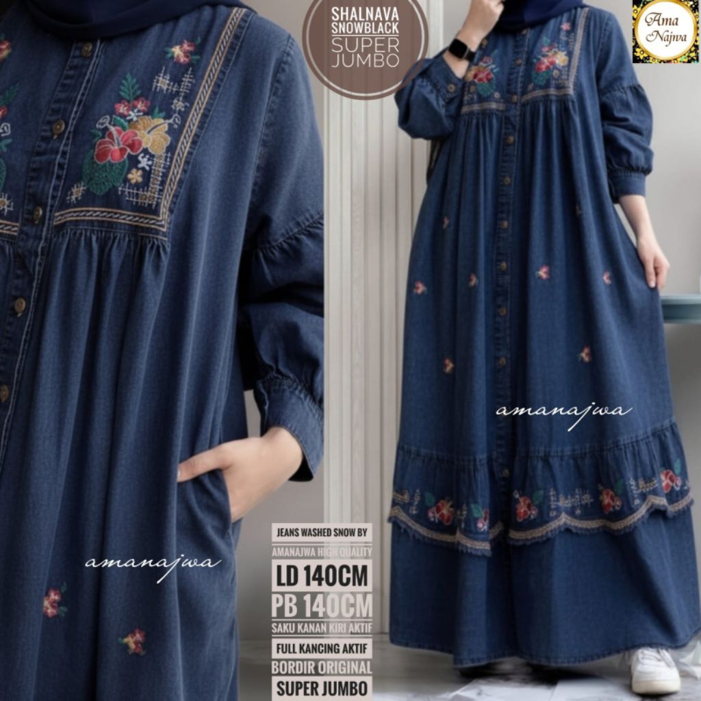 Dress gamis jeans bordir jumbo LD 120 & 140 cm