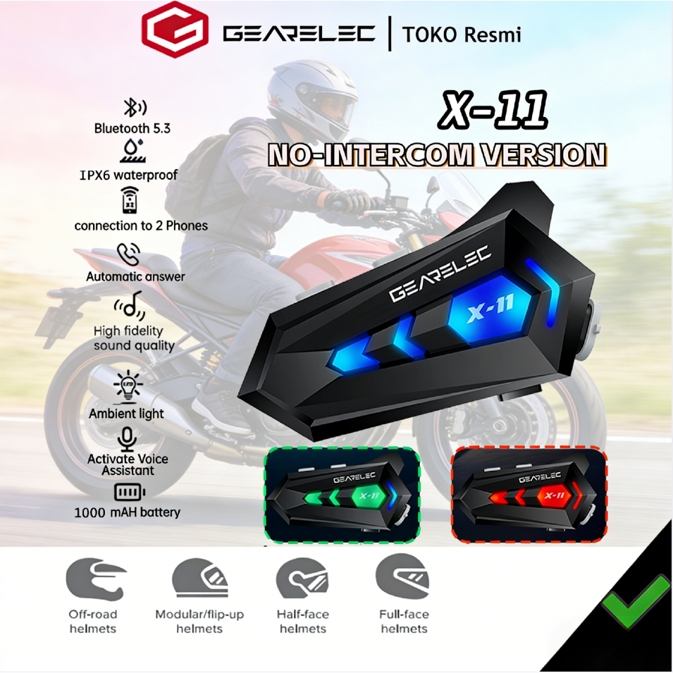 Gearelec X-11 intercom BT5.3 Helm Sepeda Motor Bluetooth Headset IPX6 TahanAir Support Koneksi Telep