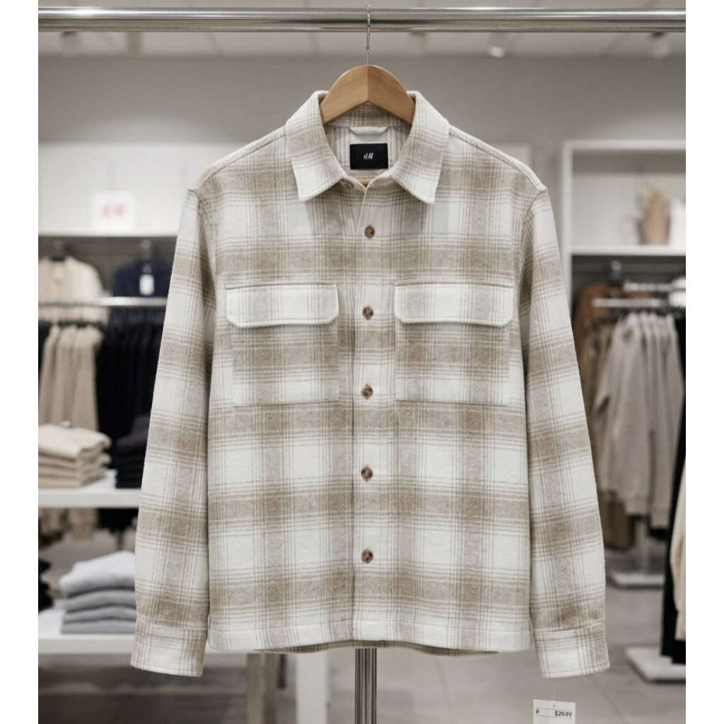 HM Overshirt Shacket Flannel Pria Original Beige Plaid Kemeja Kotak-Kotak Tebal Premium Kemeja Panja