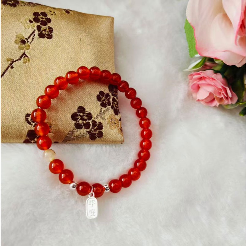 999perak Set Gelang Batu Alam Carnelian Elastis 17cm