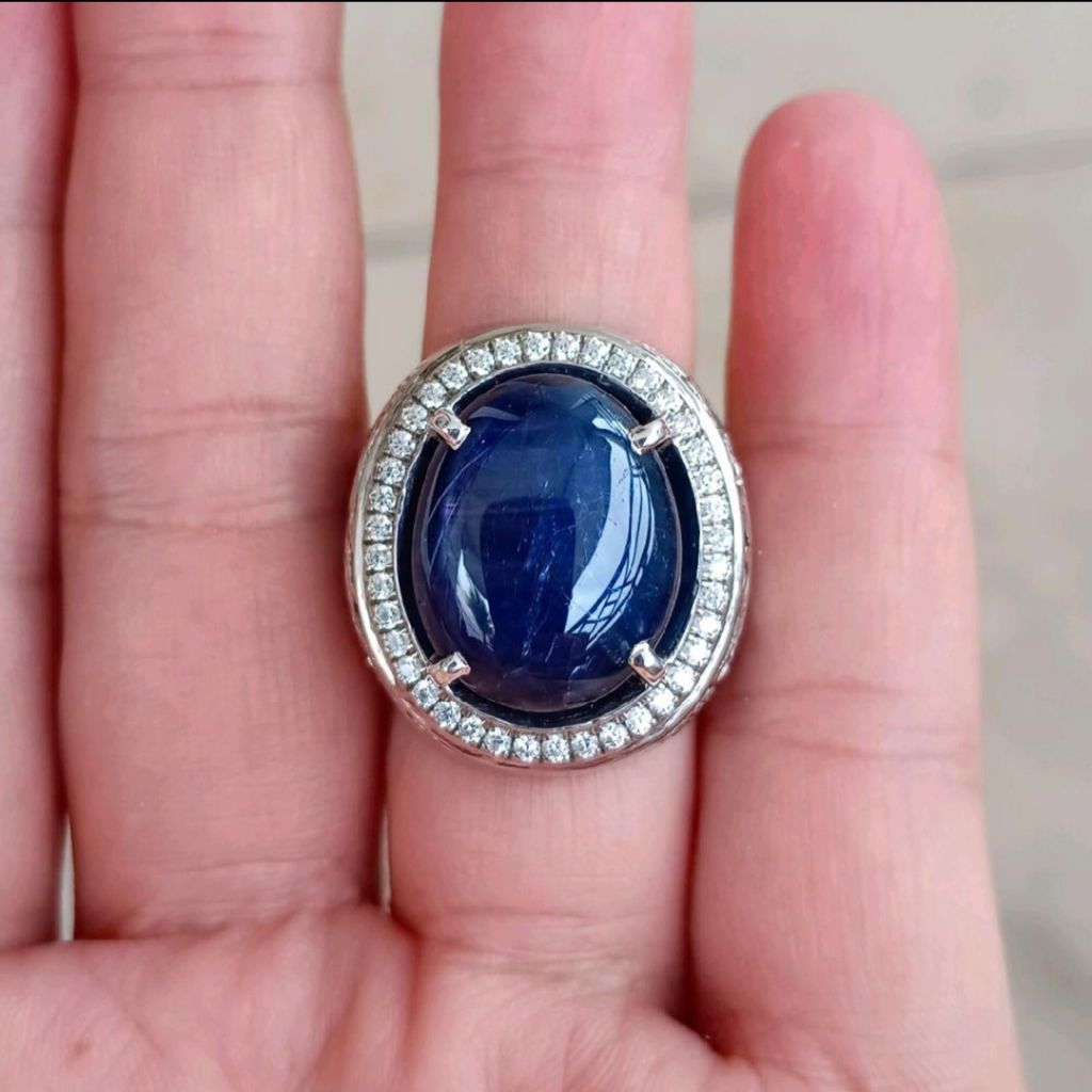Natural Blue Star Sapphire 21.19 cts, No Heat Origin Burma, Iketan Perak Ring 17.5, memo DGL