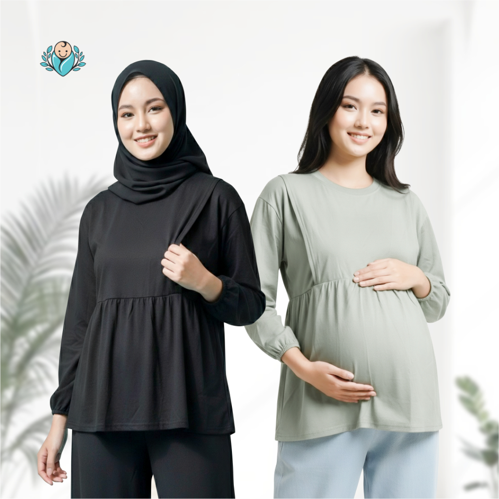 BAYIKU.ID Naya Tunic Ruffle Busui Kaos Oversize Tunik Lengan Panjang Bukaan Samping Baju Menyusui Ko