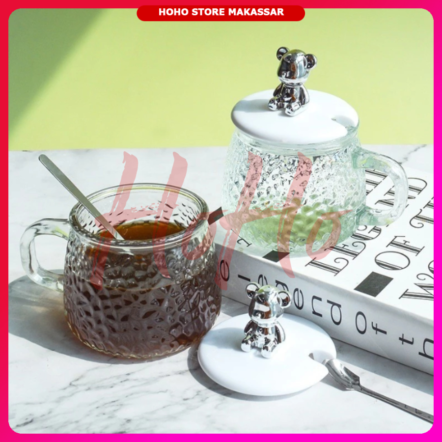 Gelas Kaca Tutup BERUANG Dengan SENDOK Gelas Estetik Cangkir Gaya Korea Aesthetic Glass Mug - GLS2