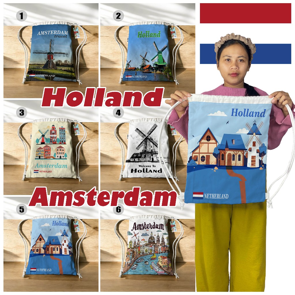 Tas Serut HOLLAND AMSTERDAM , Drawstring Bag , Souvenir Oleh Oleh Holland Amsterdam , SERUT 008