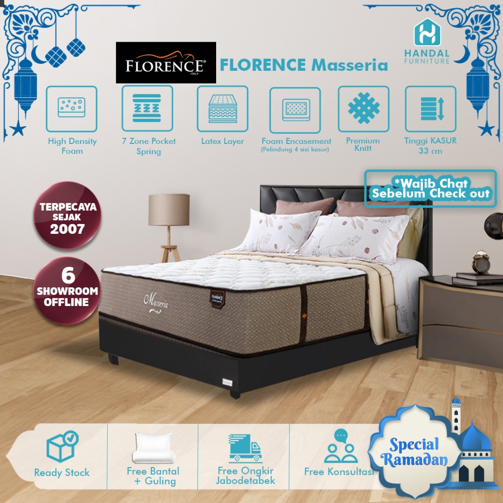 Kasur Springbed Florence Masseria 100x200, 120x200, 160x200, 180x200, 200x200 Pocket Anti Guncang La