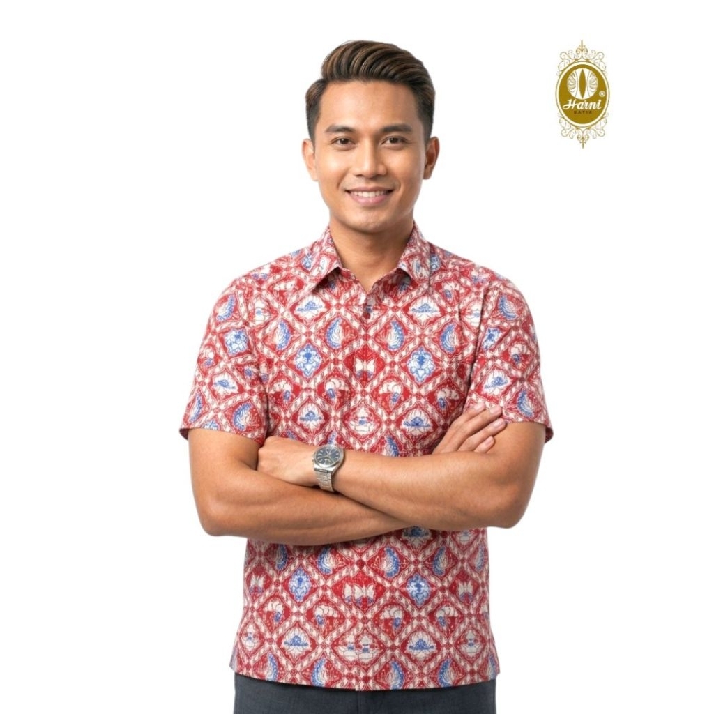 BATIK HARNI Hem Batik Pria Katun Cap SlimFit Merah-Putih