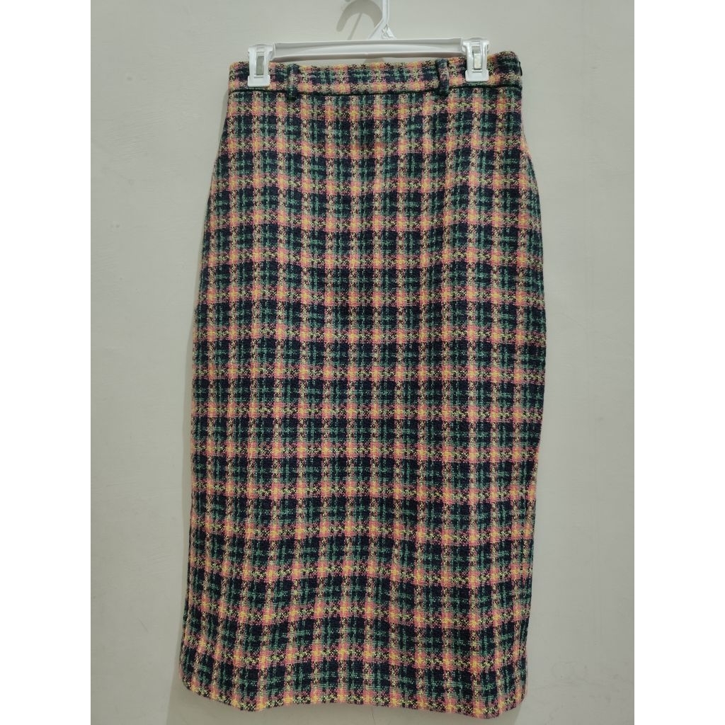 ZARA TWEED TARTAN PENCIL SKIRT / ROK MIDI TWEED PINK KUNING HIJAU HITAM P R3 L0 V3D