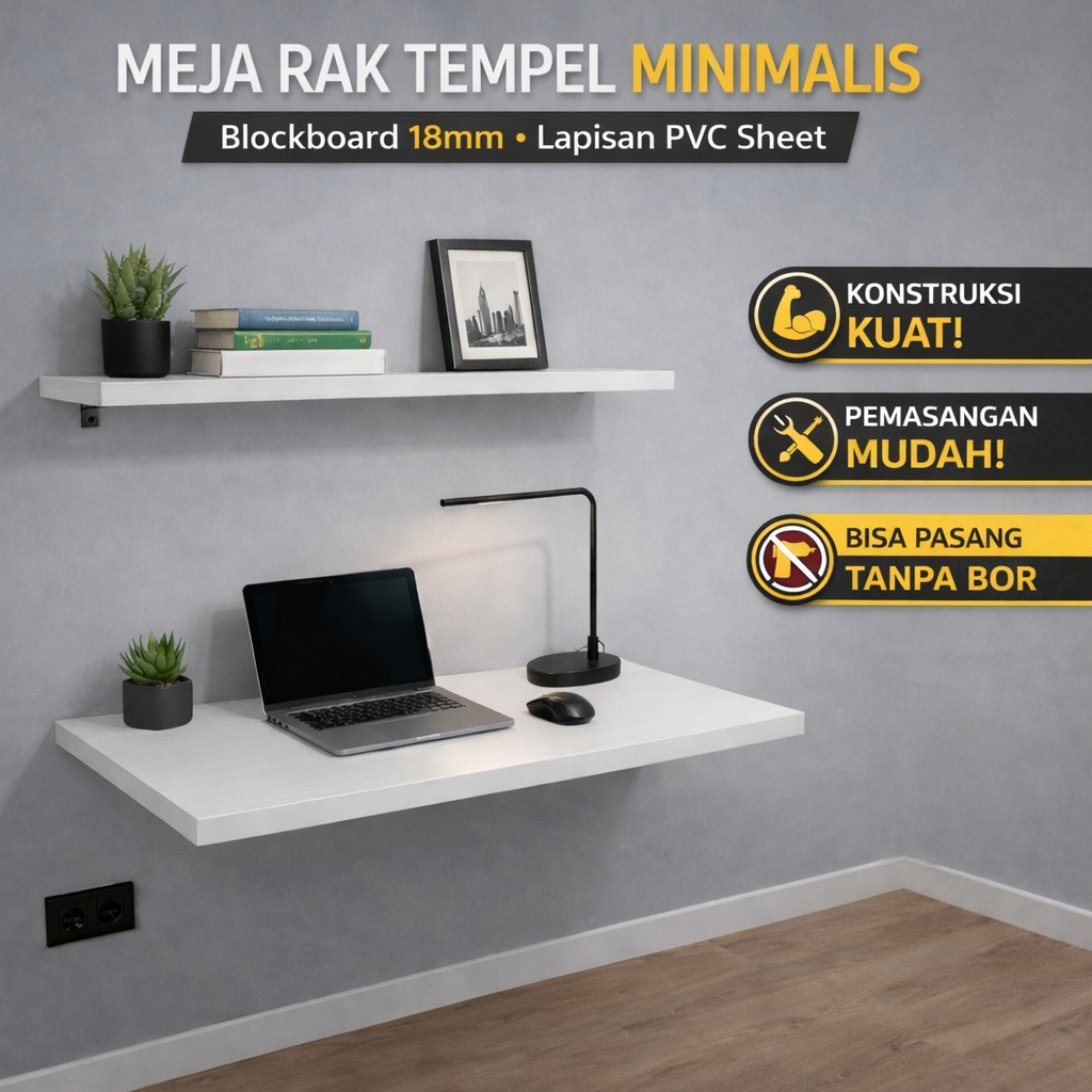 Meja Rak Tempel Dinding Minimalis 75x40cm Meja Belajar Kerja Laptop Gantung Blockboard 18mm PVC Shee