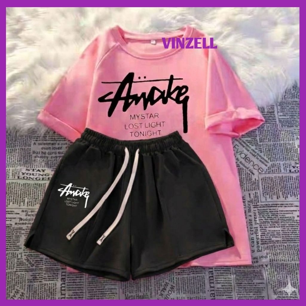 Setelan Wanita Kekinian Vinzell Awake Mystar - Baju Kaos Oversize Pink & Celana Pendek Hitam - One S