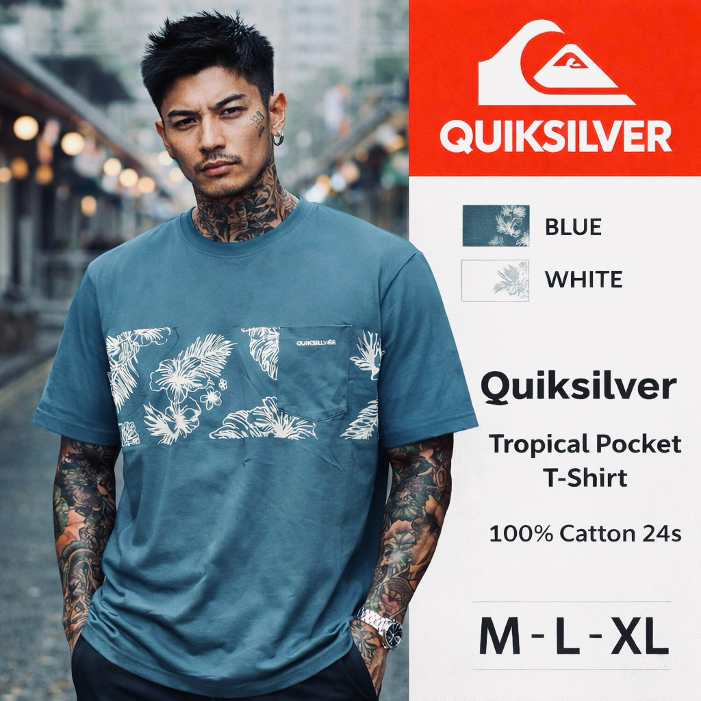 QUIKSILVER Original Kaos Pria Premium Cotton | T-Shirt Surf Casual pocket Lengan Pendek