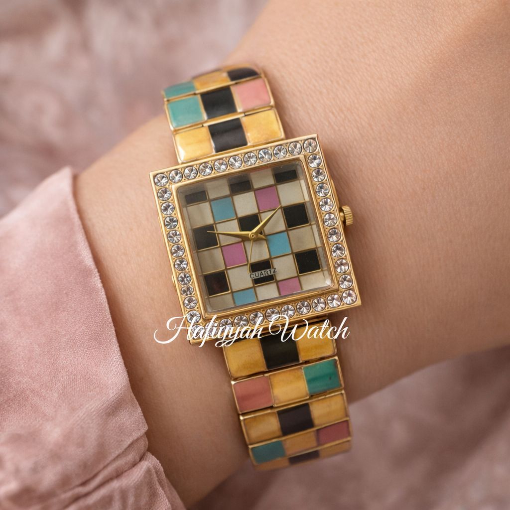 Hafiyyah Vintage Pastel Gold Jam Tangan Wanita Kotak