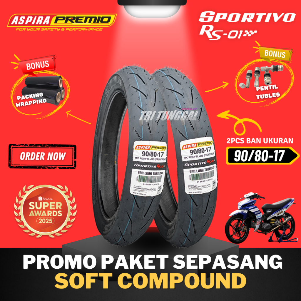 [PAKET TERMURAH SEPASANG] BAN ASPIRA PREMIO SPORTIVO RS01 RING 17  TUBELESS SOFT COMPOUND ( 90/80-17