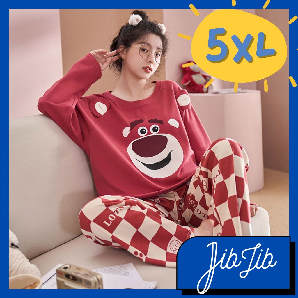 JIBJIB Baju Tidur Jumbo 5XL Wanita Set Dewasa Bahan Katun Adem Lengan Panjang Celana Panjang Piyama 
