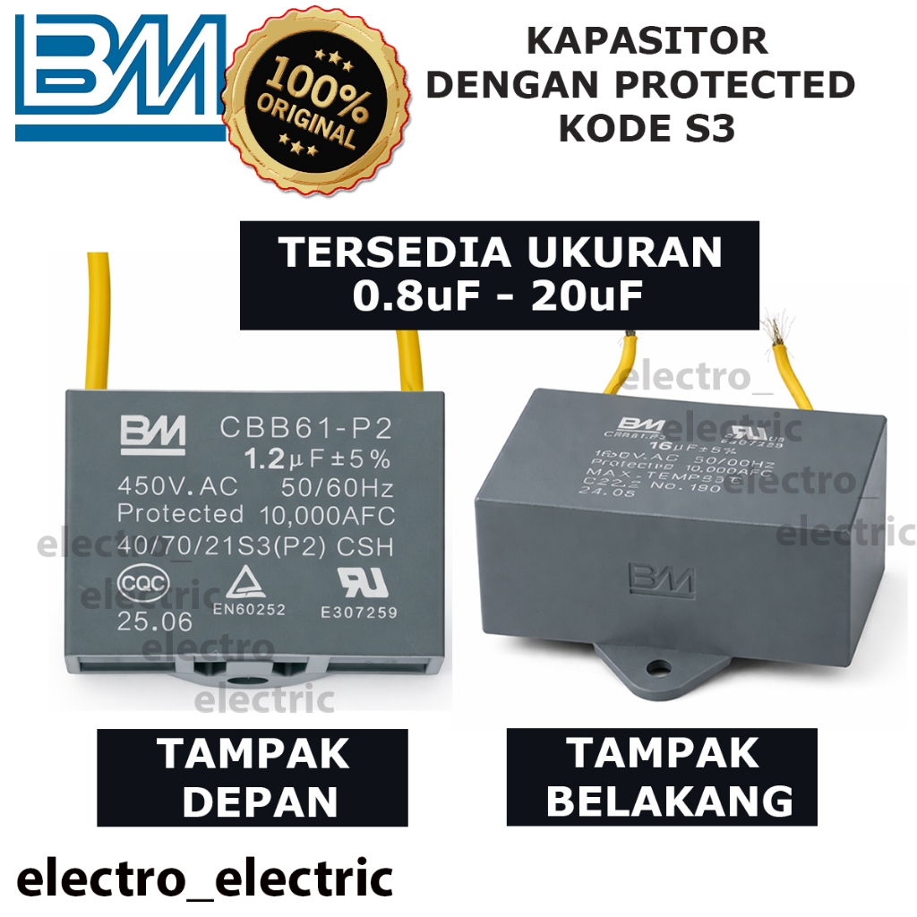 Kapasitor Kipas Angin BM CBB61 S3 P2 450VAC Protected 10000 AFC 1uF-20uF - Kapasitor BM Protected - 