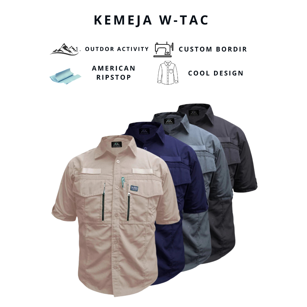 Kemeja Tactical W-TAC Pria Lengan Pendek Bahan Ripstop Premium | Baju Lapangan PDL PDH Outdoor Kerja
