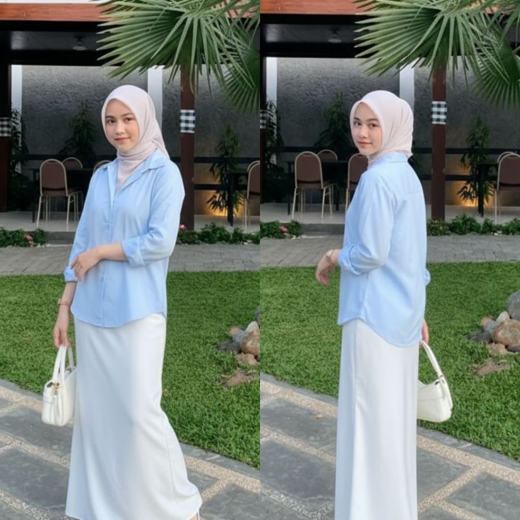 Kemeja Wanita Basic Biru Pastel Polos – Blouse Basic Formal Lengan Panjang Premium A045