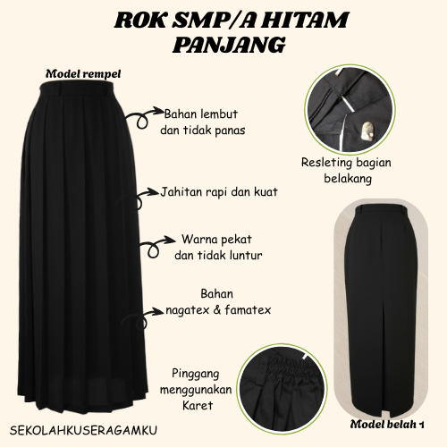 ROK SMP/SMA HITAM (REMPEL DAN BELAH 1) BAHAN FAMATEX DAN NAGATEX.