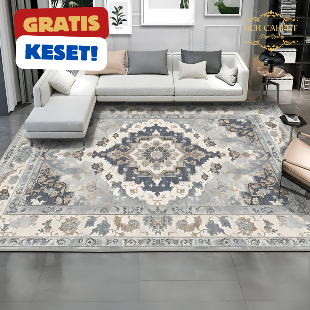Karpet Lantai Motif Turki Abu-Abu Jumbo Anti Slip Mewah Nyaman 120x200 cm 180x250 200x300 BCR Carpet