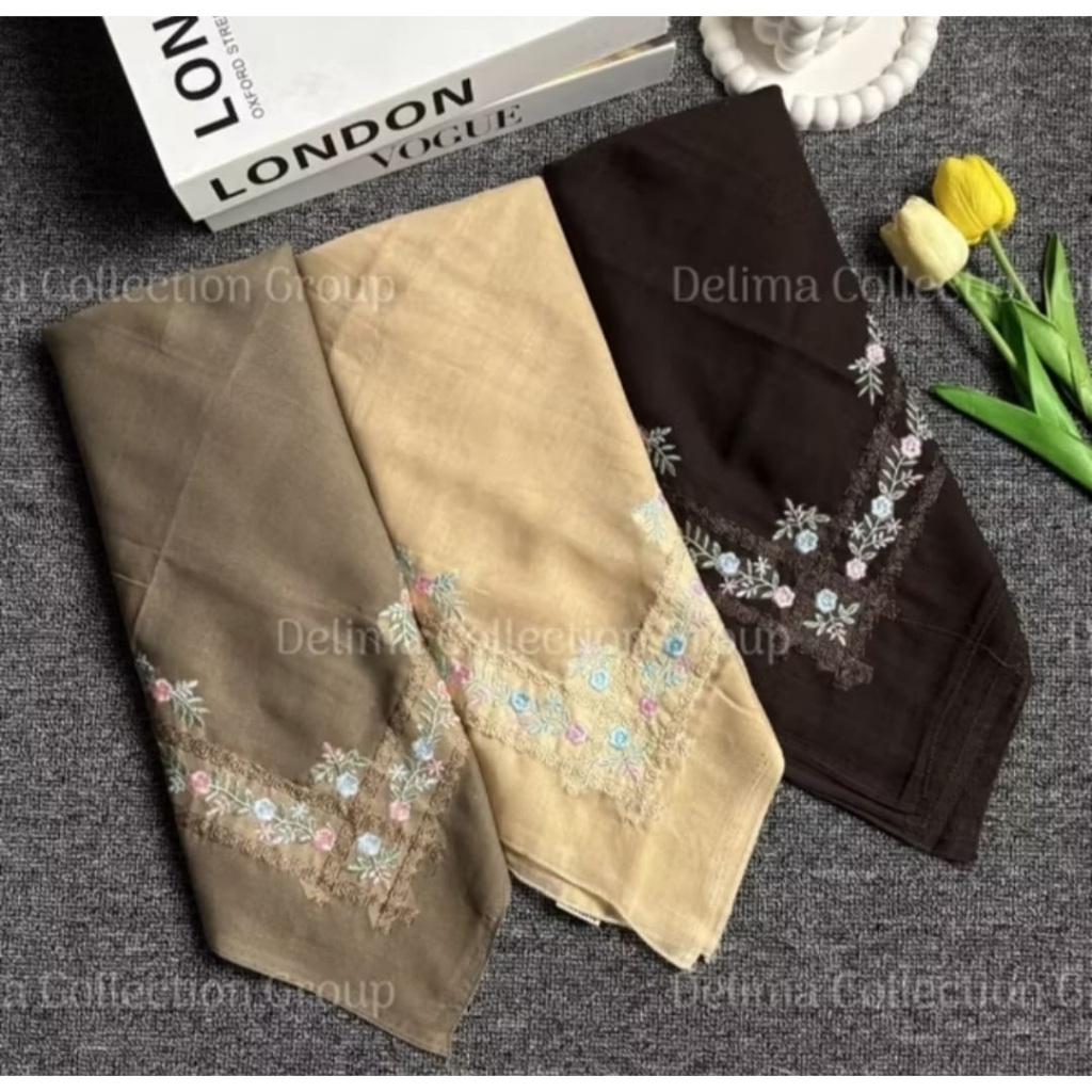 Hijab Segiempat Paris Bordir Bunga Peony / Kerudung Paris Segiempat Bordir Bunga Peony