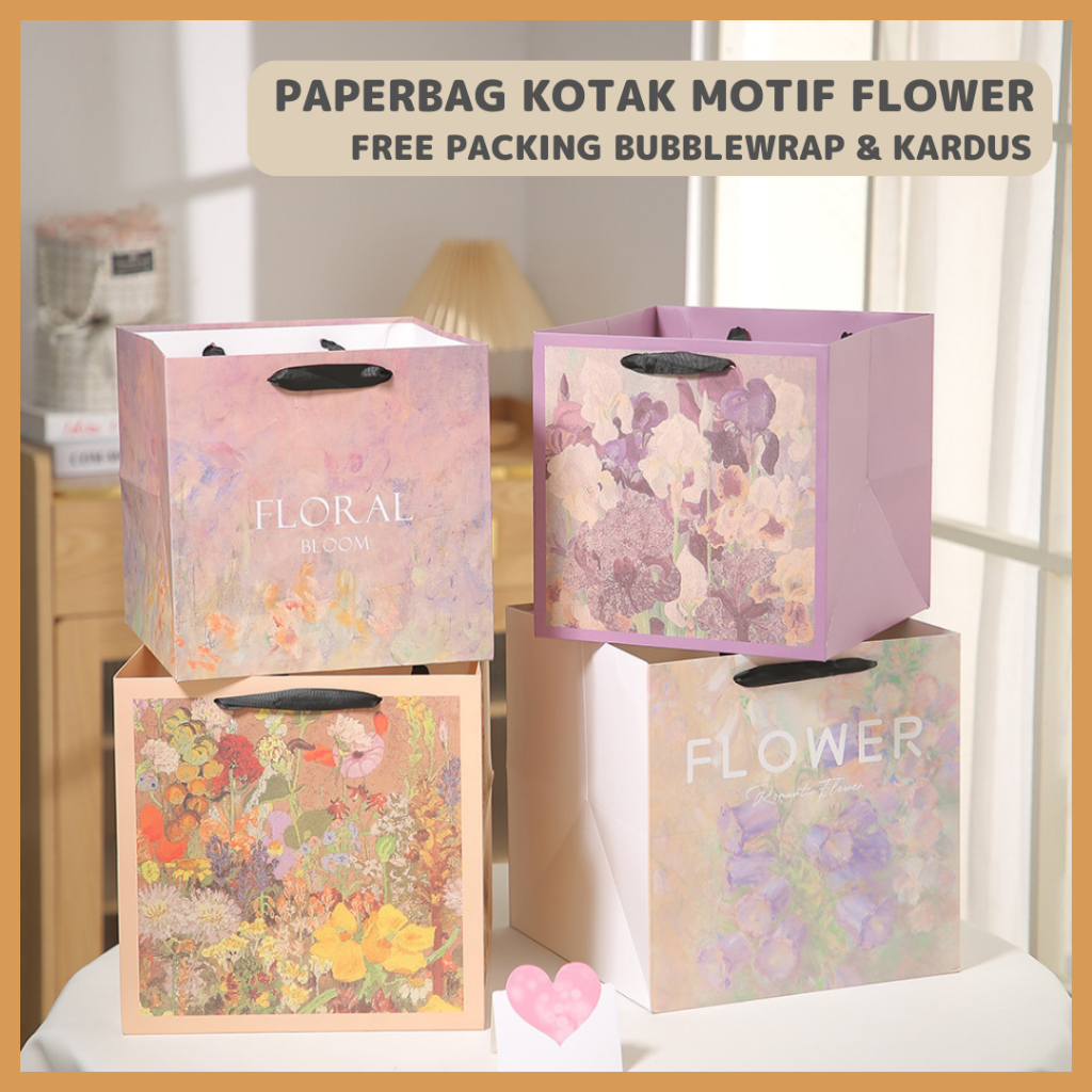 Paper Bag Kotak Motif Flower Tas Kue Cake Nasi Tumpeng Bento Box Polos Kraft Coklat Paperbag Kotak P