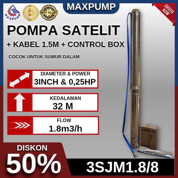 MAXPUMP Pompa Air Satelit 3 Inch 0.25 Hp Non Kabel + Control Box Pompa Air Celup Satelit/Sumbmesible