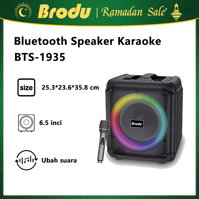 Speaker Karaoke Portable Brodu BTS-1935 dengan Mic & LED Warna-Warni - Speaker Party Suara Full Rang