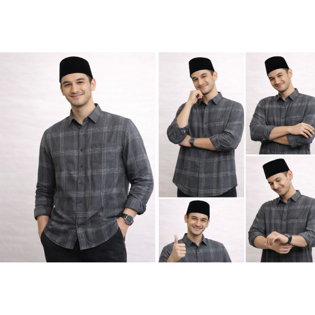 Kemeja Flanel Pria Wanita Lengan Panjang Motif Kotak-Kotak Warna Hitam Garis Putih