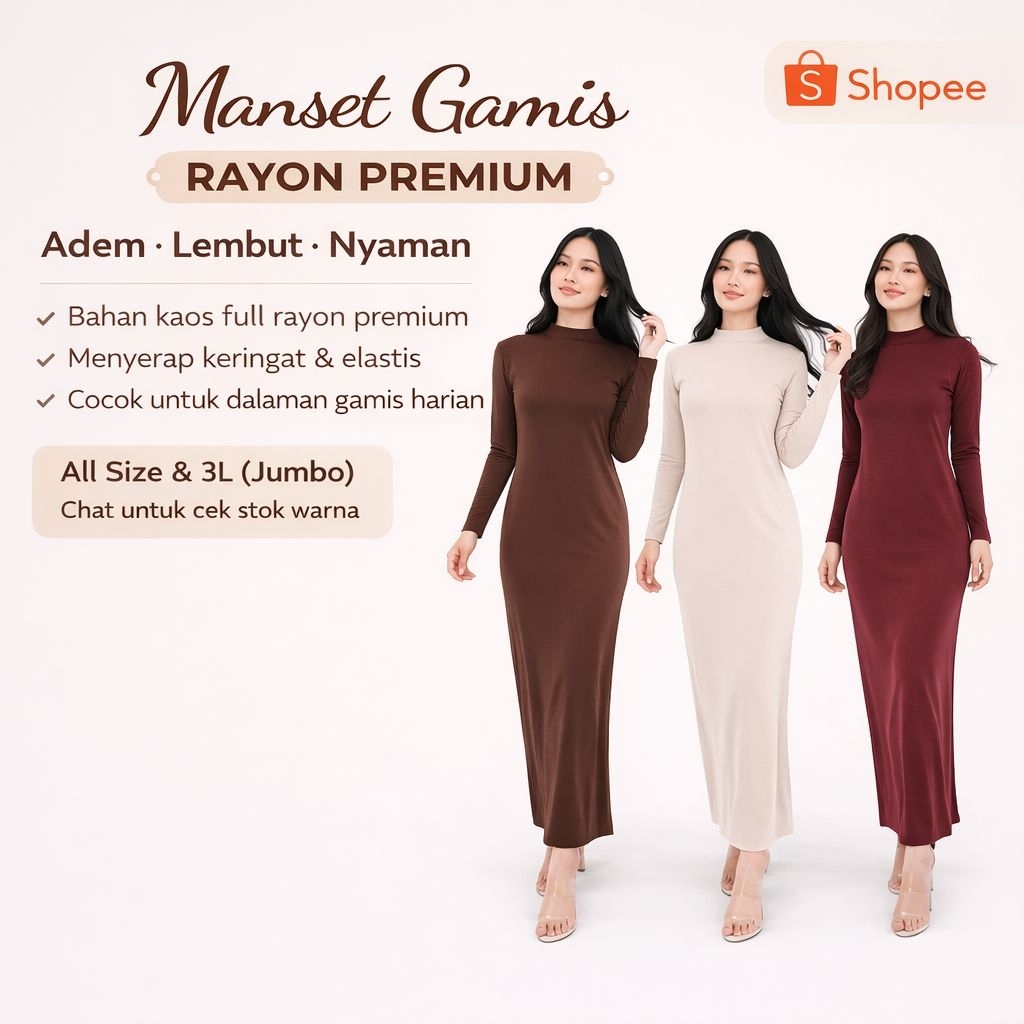 Manset Gamis Wanita Turtleneck Rayon Premium Size Standar & Jumbo / Inner Dress Wanita