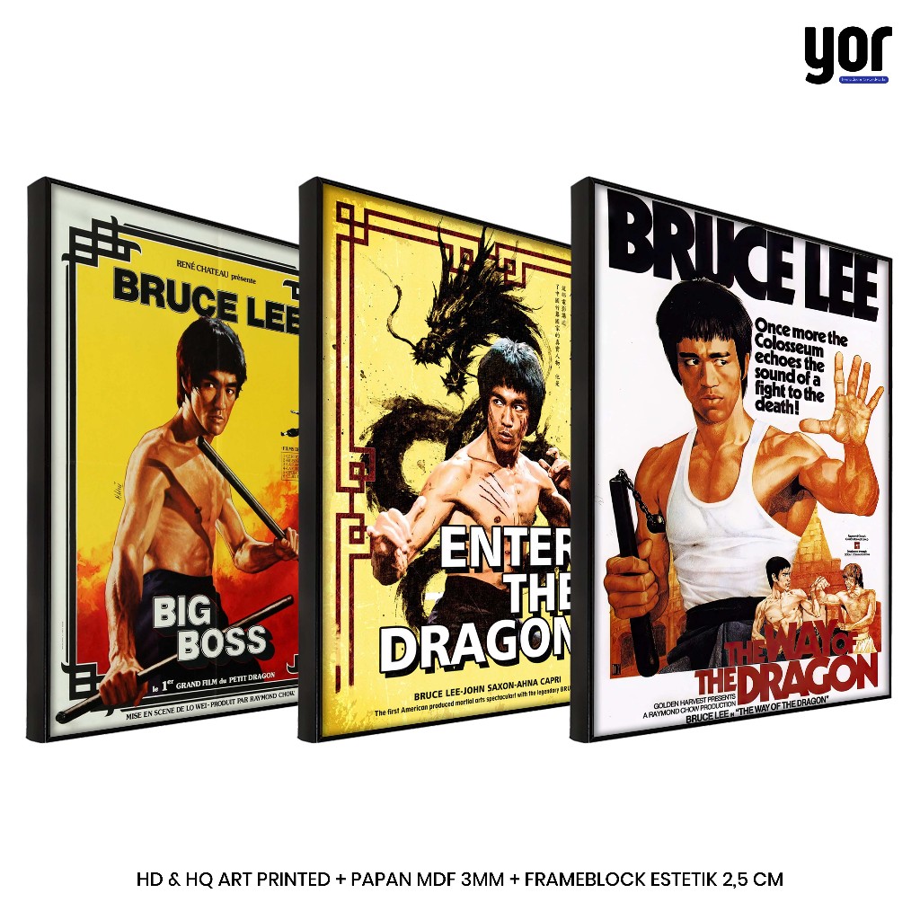 Poster Bruce Lee Vintage Bingkai Frameblok Premium - Hiasan Dinding Poster Film Jadul