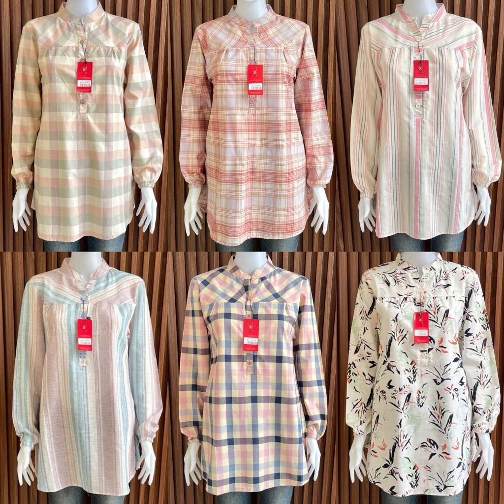 Tunik 3C Blouse Wanita Motif Kotak & Bunga Kerah Shanghai Katun Premium & Rayon | Atasan Lengan Panj
