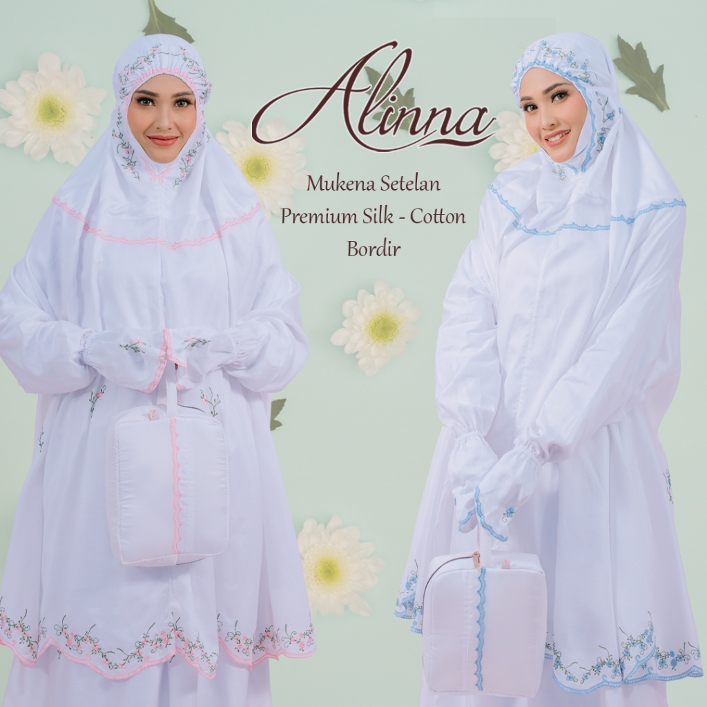 Mukena Alinna Setelan Potong Atas Bawah Berlengan Tangan Premium silk-cotton Bordir Umrah Haji Ihram