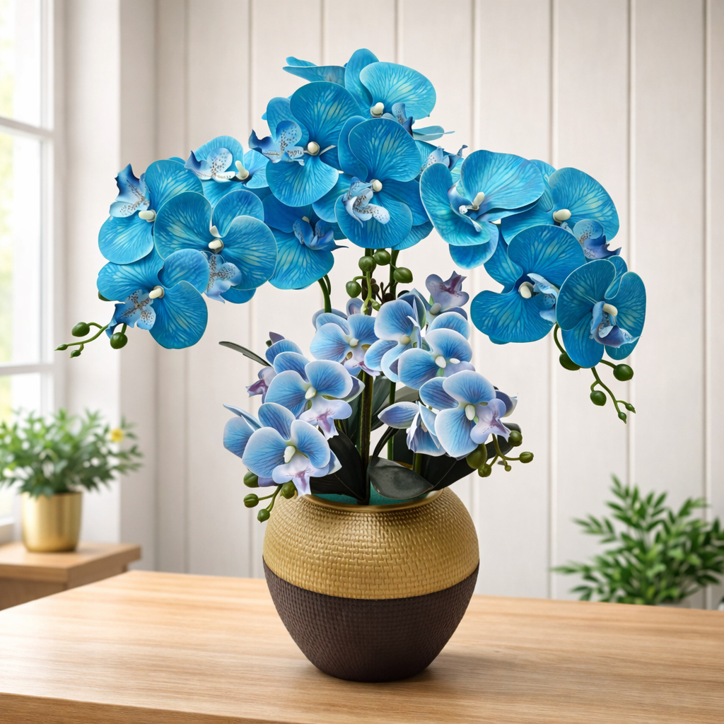 Dekorasi Lebaran Mewah 1 Set Anggrek Putih Artificial Real Touch Dengan Vas Emas Hiasan Meja Tamu Ha