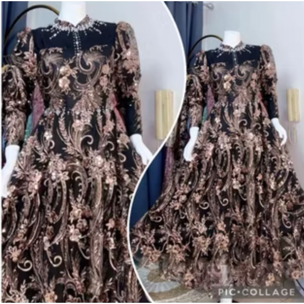 gamis mewah bordir tile,gamis bella black gold