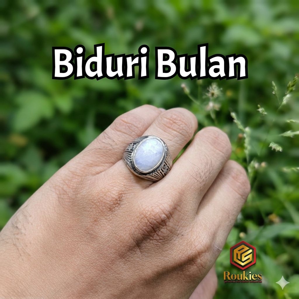 Cincin Batu Biduri Bulan Moonstone Klip Biru Srilanka Sedang