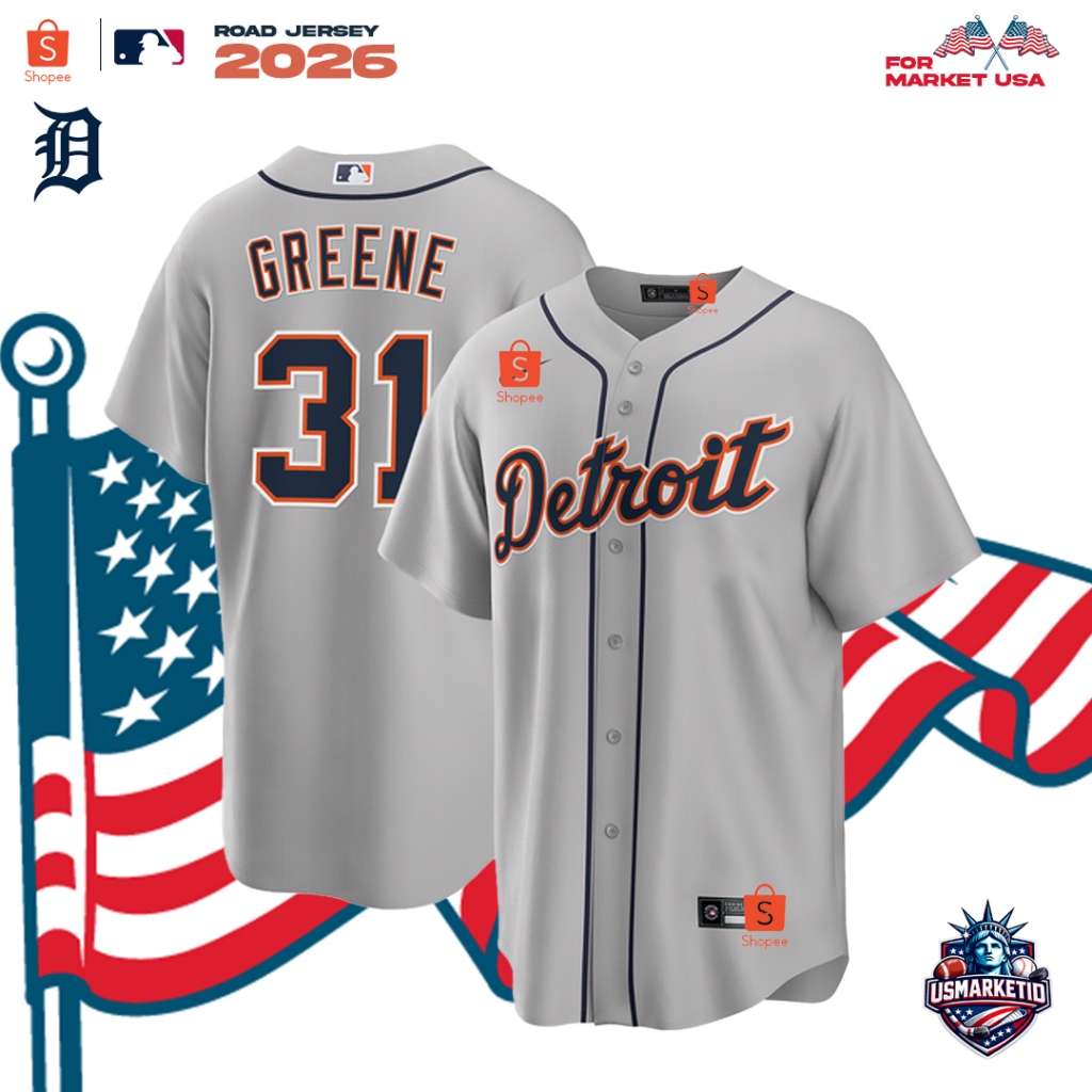 Kaos Jersey Baseball MLB Men's Detroit Tigers Riley Greene Gray Road RepIica Player Name Jersey