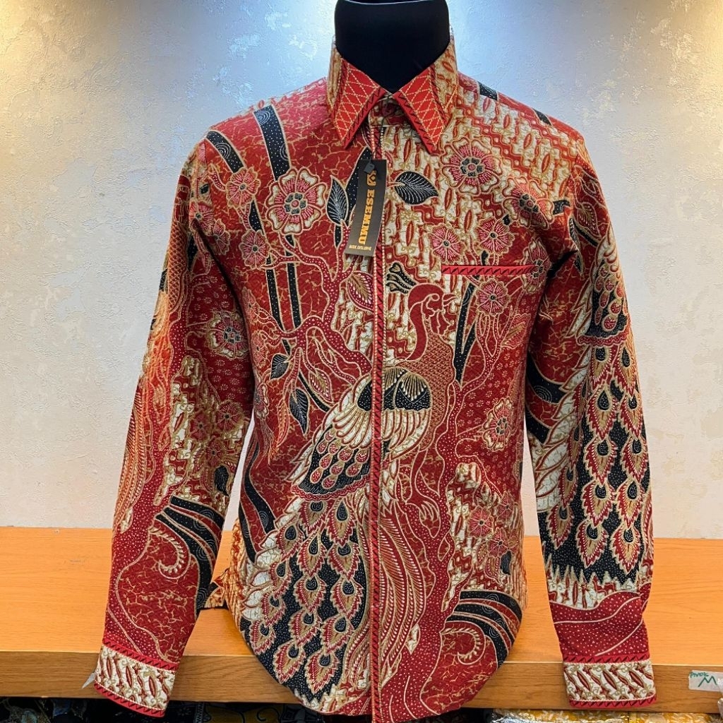 kemeja batik pria smock model semi jas jahitan butik premium  warna merah bahan dobby cabutan esemmu