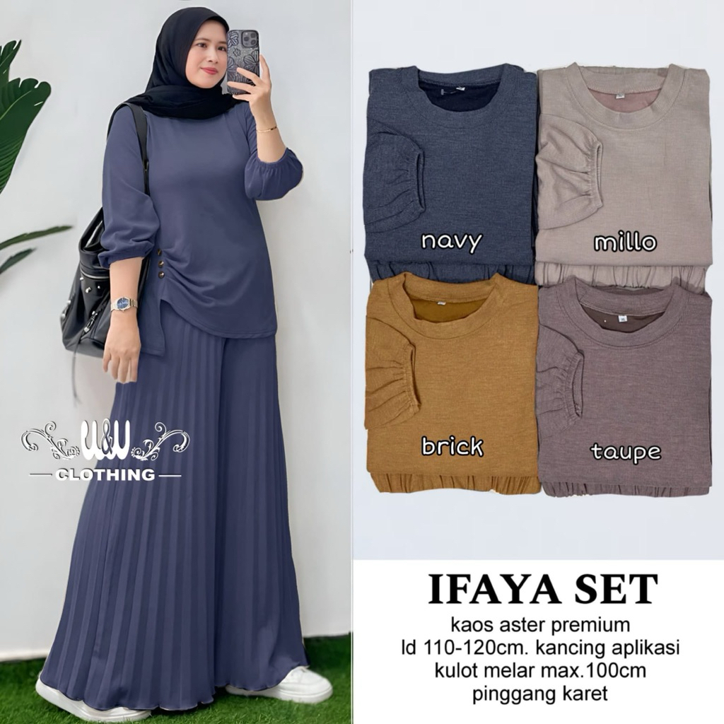 Ifaya Setelan Celana Kulot Plisket Atasan Polos Tebal Stretch