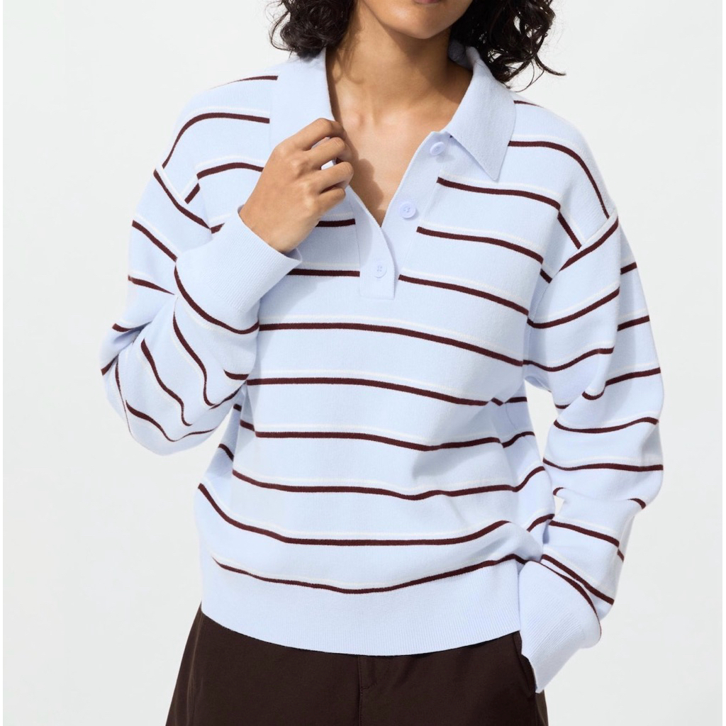 UNIQLO Women Smooth Cotton Polo Sweater Wanita Katun Stripe